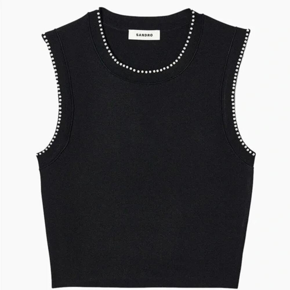 Sandro Gild Faux Pearl Embellished Sleeveless Knit Tank Top Black - Picture 2 of 5